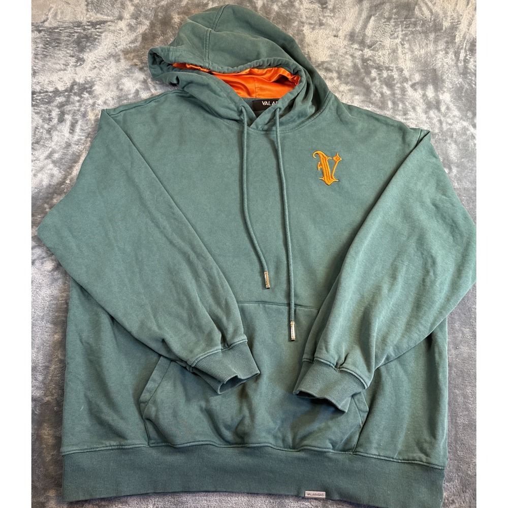 Valabasas Green Designer Streetwear Hoodie Mens Large Embroidered Orange Logo